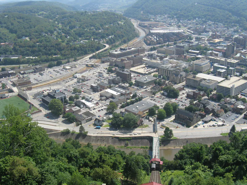 Aerial view over Johnstown from the top of the incline mast