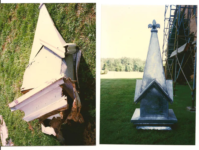 Before and after: a destroyed roof finial and its rebuilt replacement
